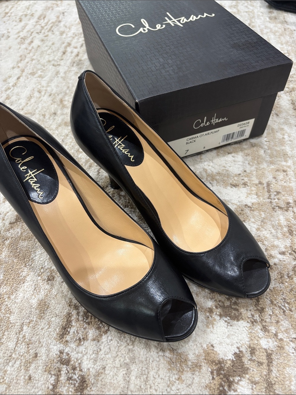 Cole Haan Black Leather Peep-Toe Pumps